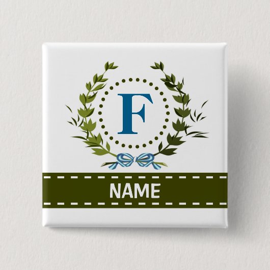 Fijne Ivy Wreath en Bow Name met Monogram F Vierkante Button 5,1 Cm (Voorkant)
