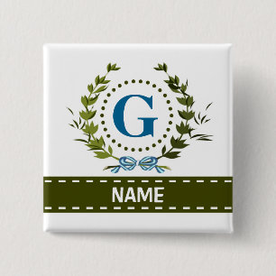 Fijne Ivy Wreath en Bow Name met Monogram G Vierkante Button 5,1 Cm