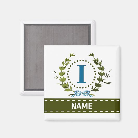 Fijne Ivy Wreath en Bow Name met Monogram I Magneet (Voorkant / Achterkant)