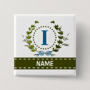 Fijne Ivy Wreath en Bow Name met Monogram I Vierkante Button 5,1 Cm