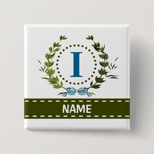 Fijne Ivy Wreath en Bow Name met Monogram I Vierkante Button 5,1 Cm (Voorkant)