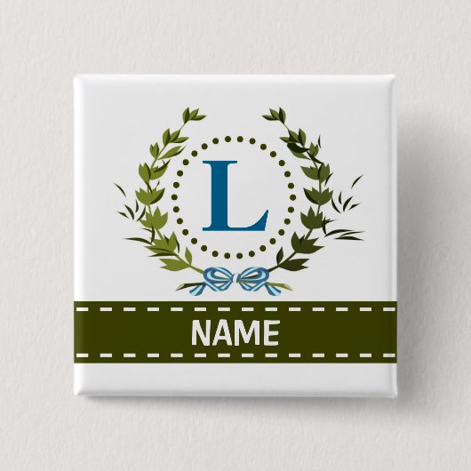 Fijne Ivy Wreath en Bow Name met Monogram L Vierkante Button 5,1 Cm (Voorkant)