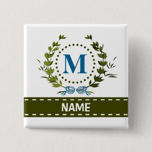 Fijne Ivy Wreath en Bow Name met Monogram M Vierkante Button 5,1 Cm