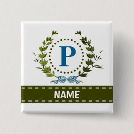 Fijne Ivy Wreath en Bow Name met Monogram P Vierkante Button 5,1 Cm