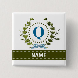 Fijne Ivy Wreath en Bow Name met Monogram Q Vierkante Button 5,1 Cm