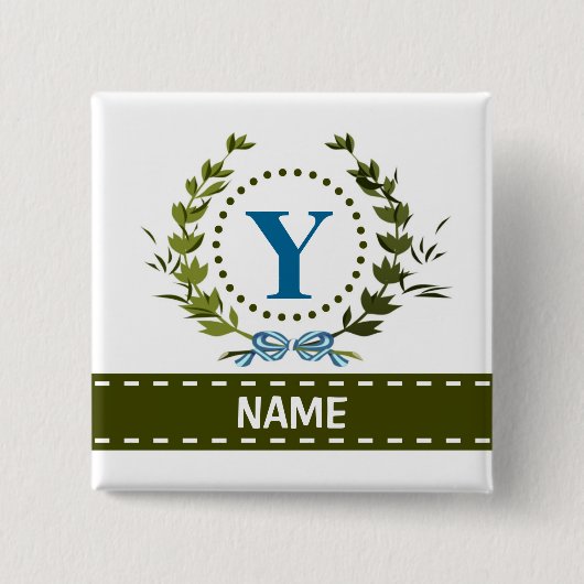Fijne Ivy Wreath en Bow Name met Monogram Y Vierkante Button 5,1 Cm (Voorkant)