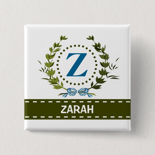 Fijne Ivy Wreath en Bow Name met Monogram Z Vierkante Button 5,1 Cm (Voorkant)