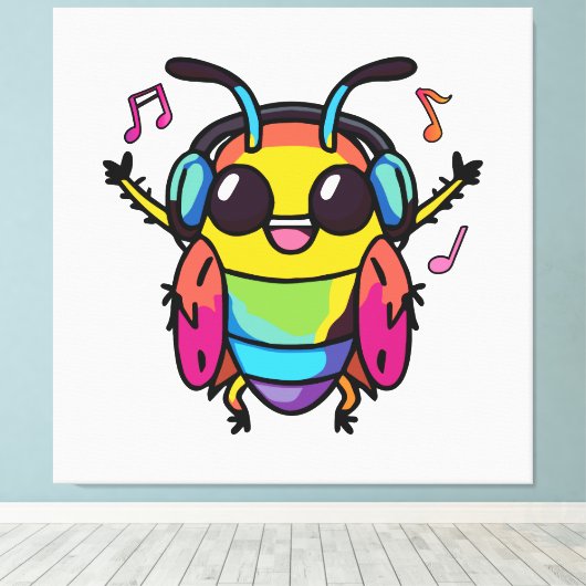 Fijne kakkerlak met koptelefoons die naar muziek l canvas afdruk (Insitu (Houten vloer))