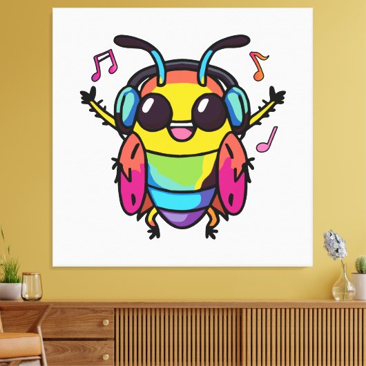 Fijne kakkerlak met koptelefoons die naar muziek l canvas afdruk (Insitu (Woonkamer))