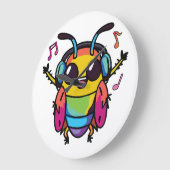 Fijne kakkerlak met koptelefoons die naar muziek l grote klok (Hoek)