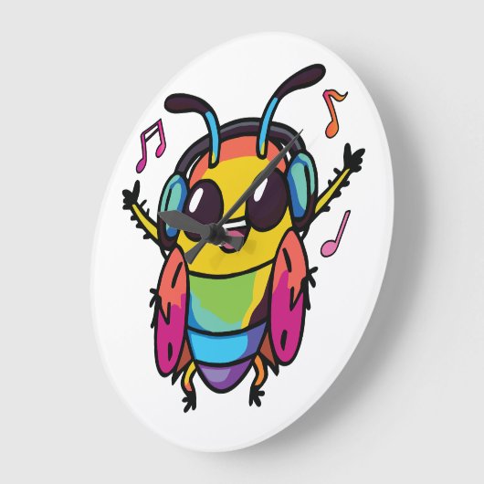 Fijne kakkerlak met koptelefoons die naar muziek l grote klok (Hoek)