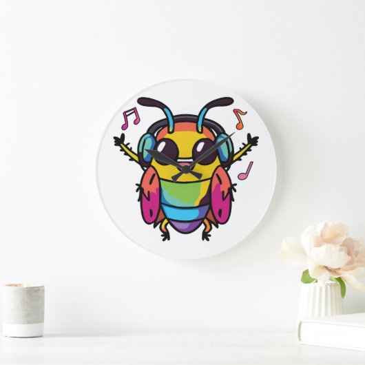 Fijne kakkerlak met koptelefoons die naar muziek l grote klok (Huis)