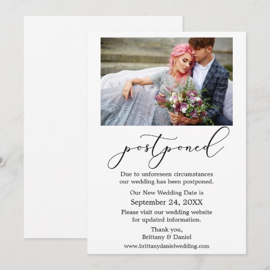 Fijne kalligrafie Foto uitgestelde bruiloft kaart (Voorkant / Achterkant)