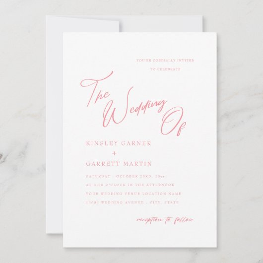 Fijne kalligrafie Perzikroze bruiloft Uitnodiging (Voorkant)