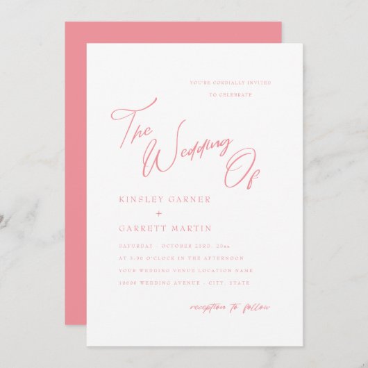 Fijne kalligrafie Perzikroze bruiloft Uitnodiging (Voorkant / Achterkant)