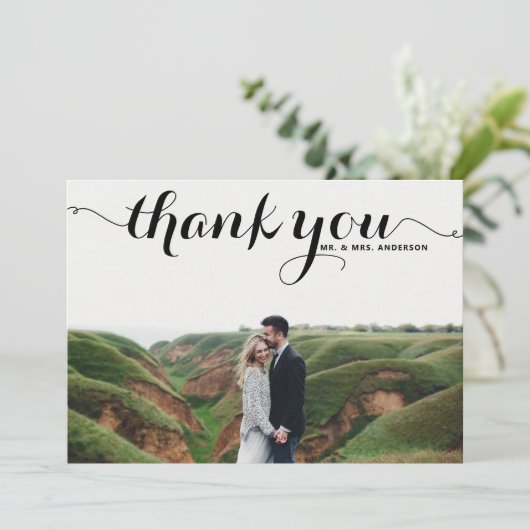 Fijne kalligrafie Weddenschap Foto Bedankkaart (Staand voorkant)