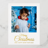 Fijne kerst 1 foto elegant script goud folie feestdagen briefkaart (Voorkant)