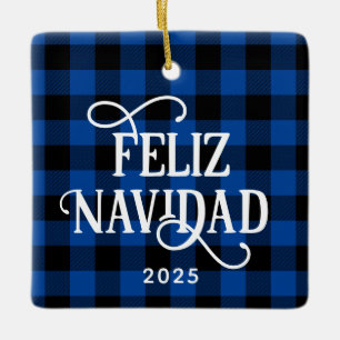 Fijne kerst Blue Buffalo Plaid Familie Foto Keramisch Ornament