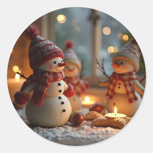 Fijne kerst en schattige sneeuwman ronde sticker (Voorkant)