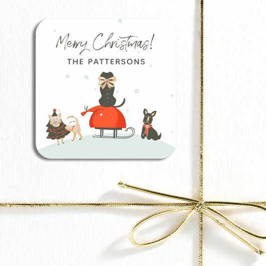 Fijne kerst Fysische Cute Dogs Aangepaste naam Vierkante Sticker