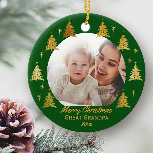 Fijne kerst Grote opa Green en Gold Photo Keramisch Ornament