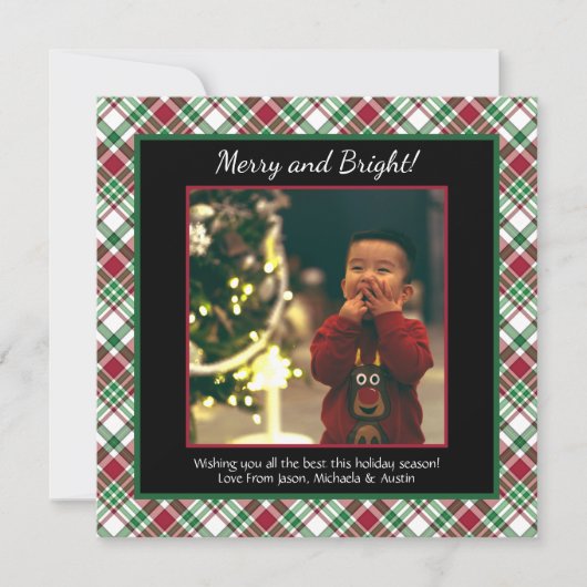 Fijne kerst & heldere kersttartan of foto van spel feestdagenkaart (Voorkant)