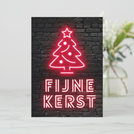 Fijne Kerst Rood Neon Kerstmis Xmas Feestdagenkaart (Staand voorkant)