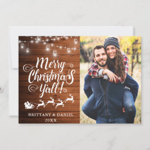 Fijne kerst Y'all Lights Wood Couple Foto Feestdagenkaart