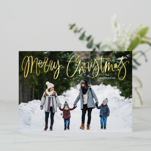 Fijne kerstfoto van het whimsical Gold Script Folie Feestdagenkaart (Staand Voorkant)