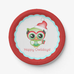 Fijne kerstvakantie Santa Hat Holiday Owl Papieren Bordje