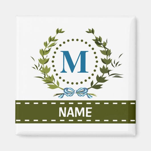 Fijne klimopkrans en naam lint met monogram M Magneet (Voorkant)