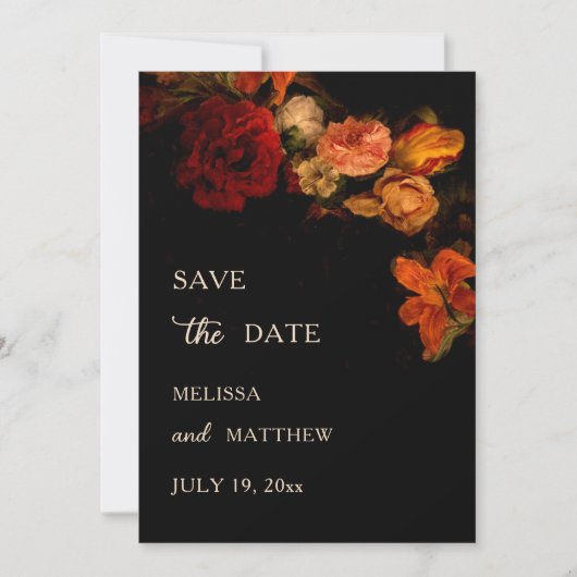 Fijne Kunst Bloemen Donkere Bruiloft Save The Date (Voorkant)