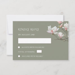 Fijne Kunst Salie Groene Magnolia Bloemen Bruiloft RSVP Kaartje