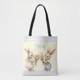Fijne lente! Jongen en meisje konijn met bloemen Tote Bag