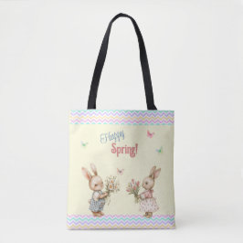 Fijne lente! Jongen en meisje konijn met bloemen Tote Bag