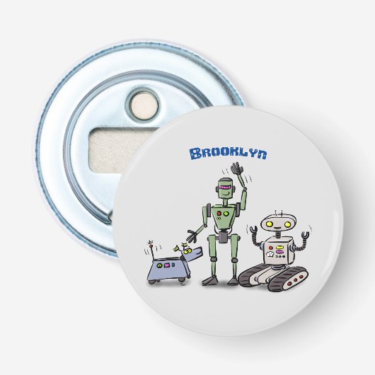 Fijne leuke robots trio cartoon button flesopener (Voorkant)
