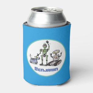 Fijne leuke robots trio cartoon op blauwe achtergr blikjeskoeler