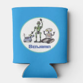Fijne leuke robots trio cartoon op blauwe achtergr blikjeskoeler (Achterkant)