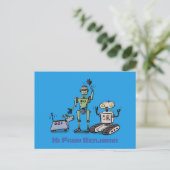 Fijne leuke robots trio cartoon op blauwe achtergr briefkaart (Staand voorkant)