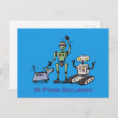 Fijne leuke robots trio cartoon op blauwe achtergr briefkaart (Voorkant / Achterkant)