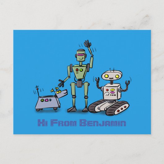 Fijne leuke robots trio cartoon op blauwe achtergr briefkaart (Voorkant)