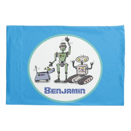 Fijne leuke robots trio cartoon op blauwe achtergr kussensloop (Achterkant)