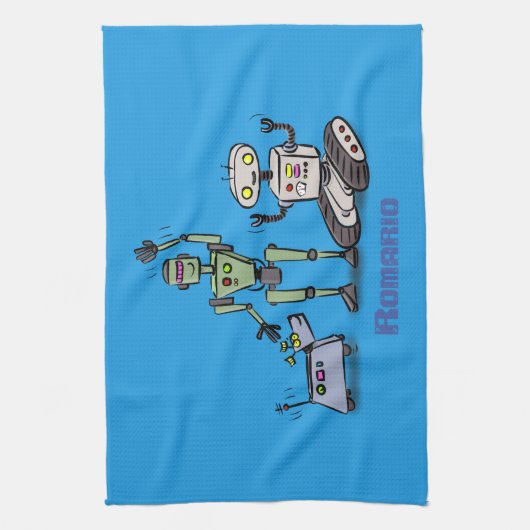 Fijne leuke robots trio cartoon op blauwe achtergr theedoek (Verticaal)