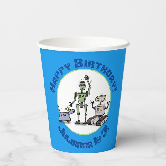 Fijne leuke robots trio cartoon papieren bekers (Achterkant)