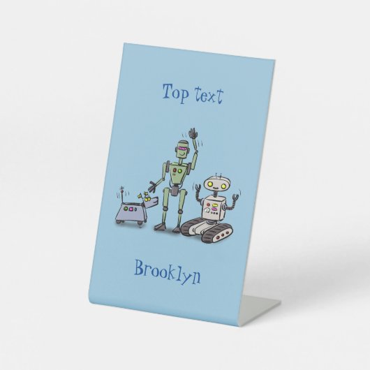 Fijne leuke robots trio cartoon reclamebord met voetstuk (Voorkant)