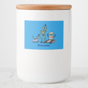 Fijne leuke robots trio cartoon voedselcontainer etiket