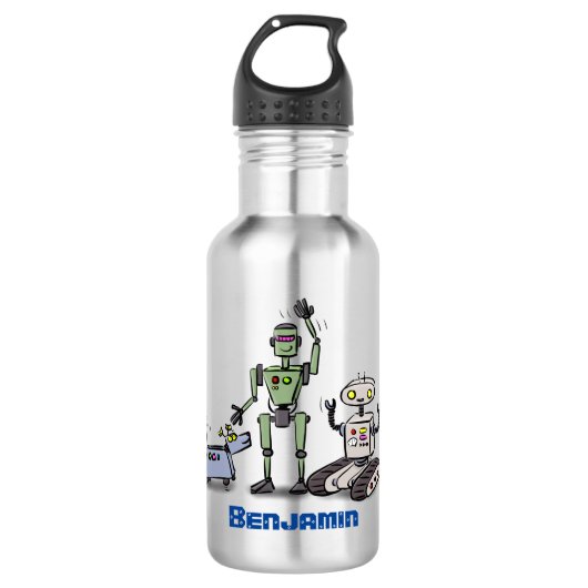 Fijne leuke robots trio cartoon waterfles (Voorkant)