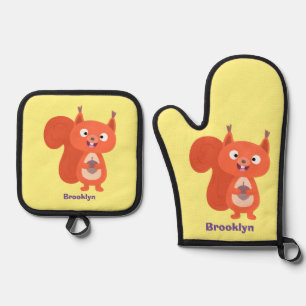 Fijne leuke rode eekhoorn cartoon illustratie ovenwant & pannenlap set