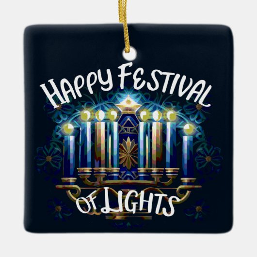 Fijne Lichtjesfeest Hanukkah Menora Keramisch Ornament (Voorkant)