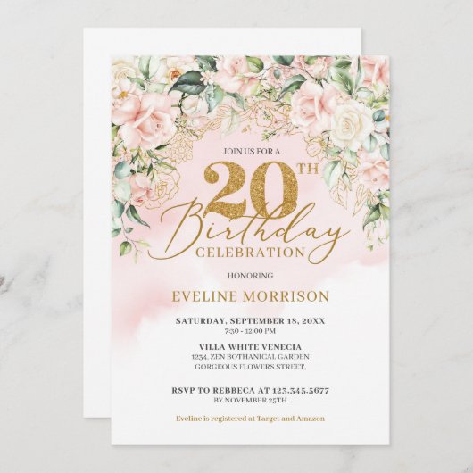 Fijne lichtroze rozen groen goud 20e verjaardag kaart (Voorkant / Achterkant)